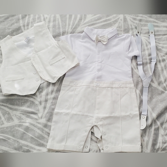 Baby Formal Baptismal or Wedding White Romper with Bow Tie with Suspenders - Picture 1 of 7